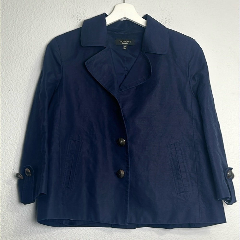 Talbots Women’s Size 14 Navy Linen Blend 3/4 Sleeve Blazer Padded Shoulder